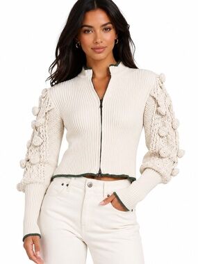 Mutma‎ -  Alo Beige Ribbed Zip Front Cardigan